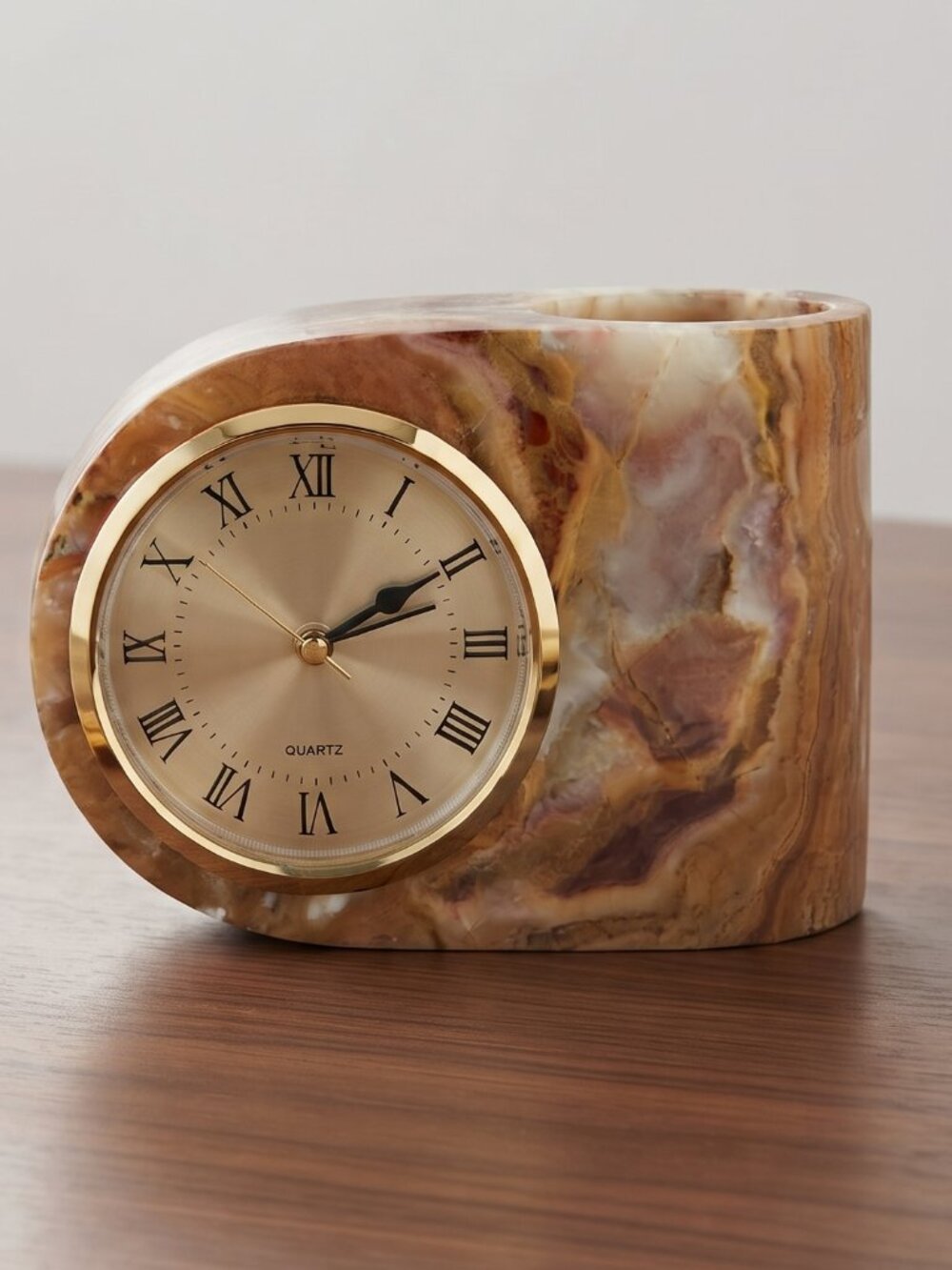 Vintage Heavy Onyx Stone Quartz Desk Clock Pen Holder Roman Numerals Working